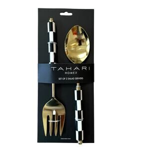 Tahari Salad Serving Spoon Fork Set of 2 Black & White Checkered Gold Glam New